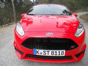 Der Kühlergrill eines roten Ford Fiesta ST (2013)